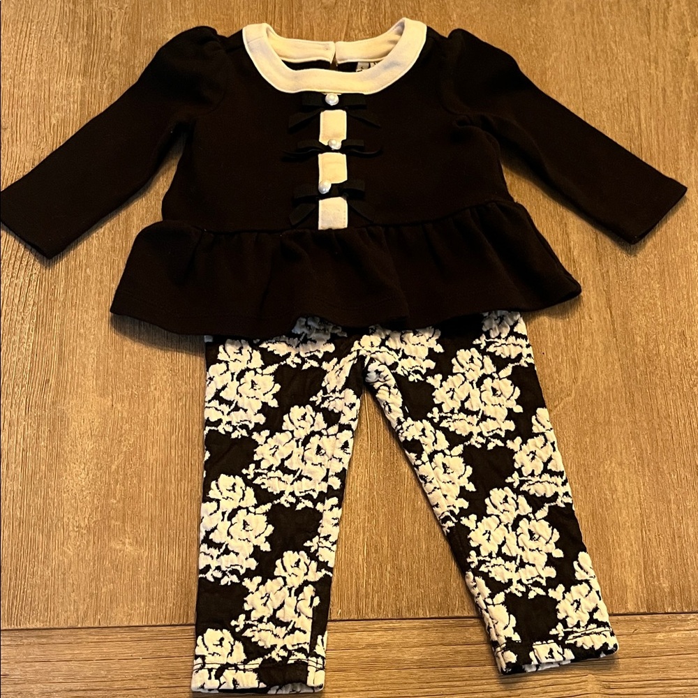 Janie and Jack Black and White Floral Peplum Top & Leggings Set